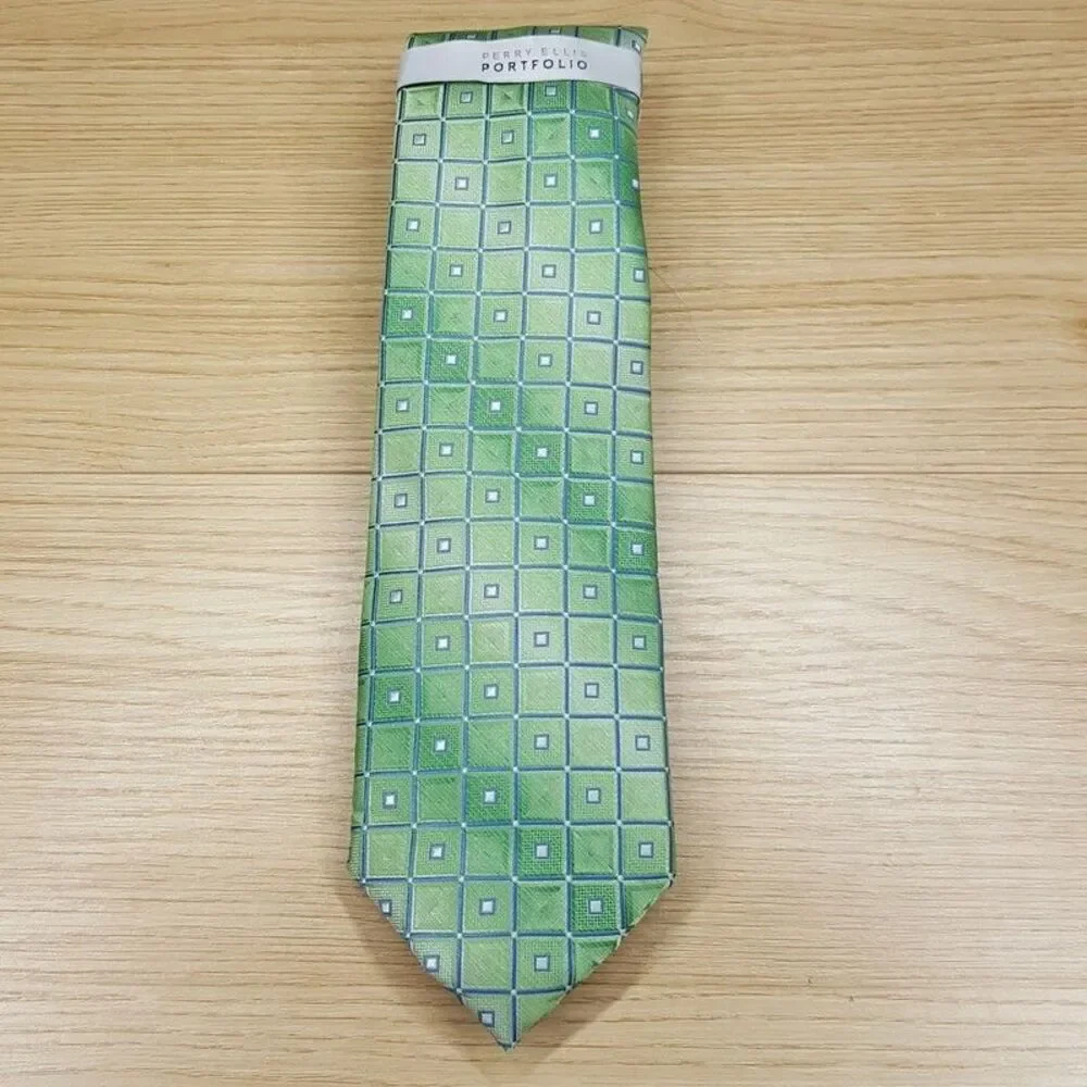PERRY ELLIS Mens Neck Tie Green Satin Geo Tile Square Gradient Ombre Classic